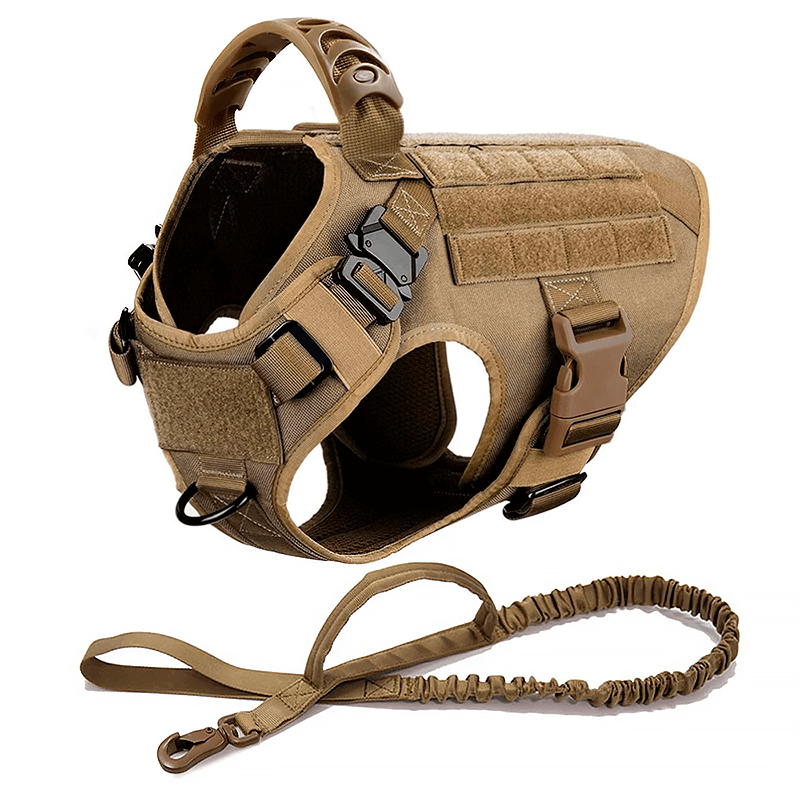 A brown tactical dog harness with adjustable straps, sturdy buckles, a top handle, and Molle panels for patches.