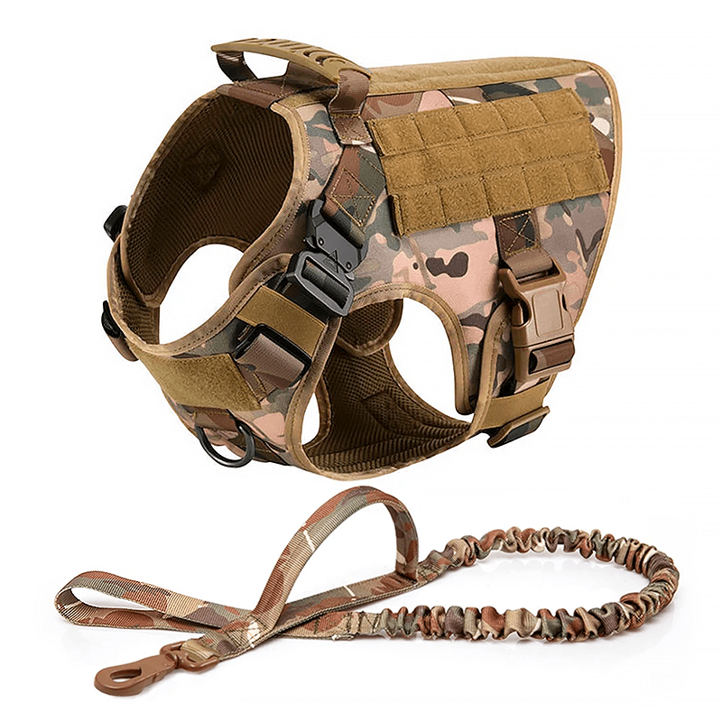 A camo-patterned tactical dog harness with adjustable straps, sturdy buckles, a top handle, and Molle panels for patches.