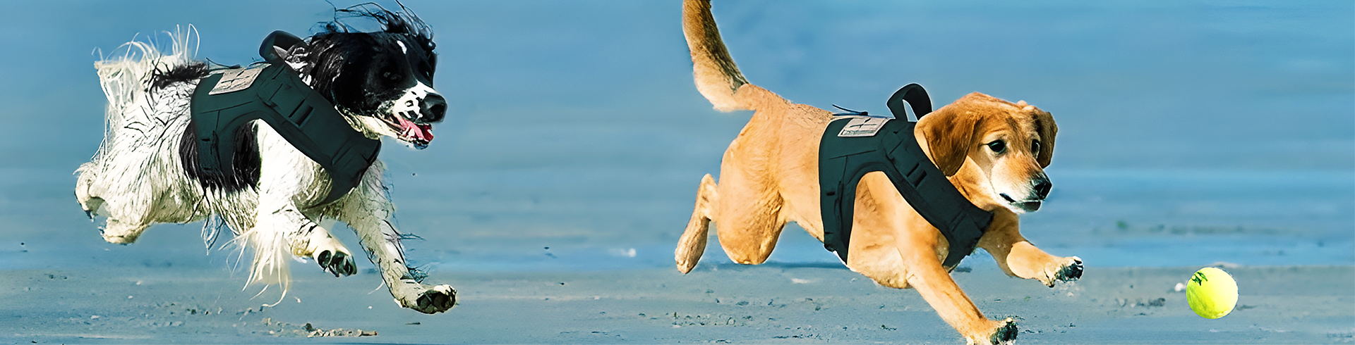 Two dogs wearing tactical harnesses run on a beach, one chasing a yellow tennis ball while the other follows closely behind.