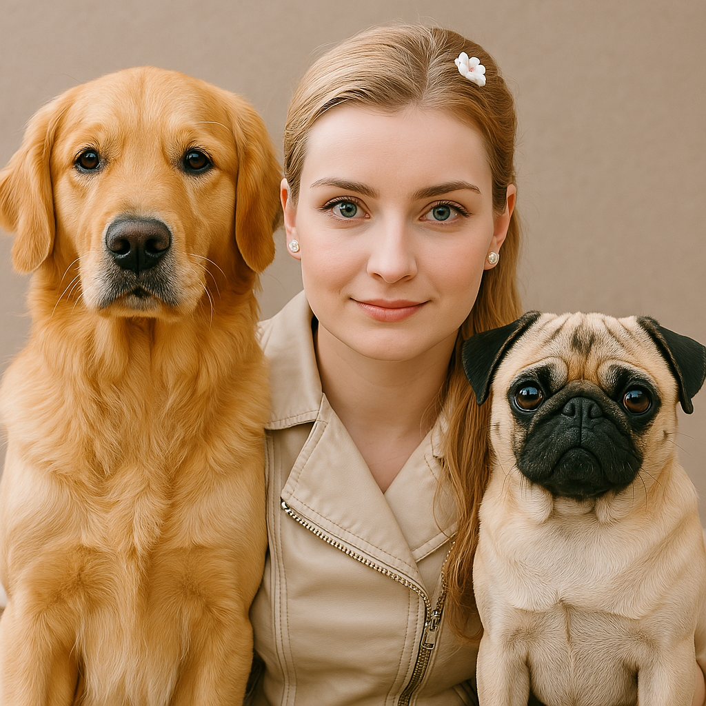 Woman poses with Doberman & small dog, both in pearl collars & accessories, matching their pearl-themed decorations.