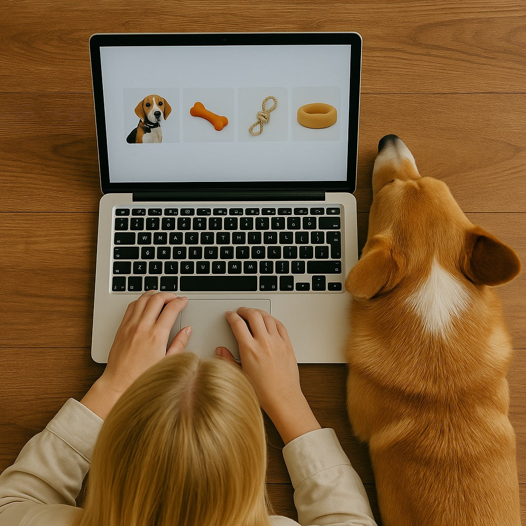 A person sits on the floor next to a dog, using a laptop with dog products being shown on the screen.