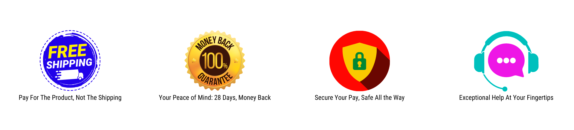 Four badges: "Free Shipping", "100% Money Back Guarantee", "Secure Payment" and "Customer Support"