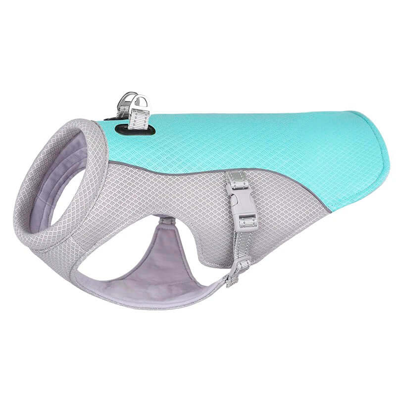 ChillDog Reflective Cooling Vest for dogs in cyan with adjustable buckles and breathable mesh design for comfort.