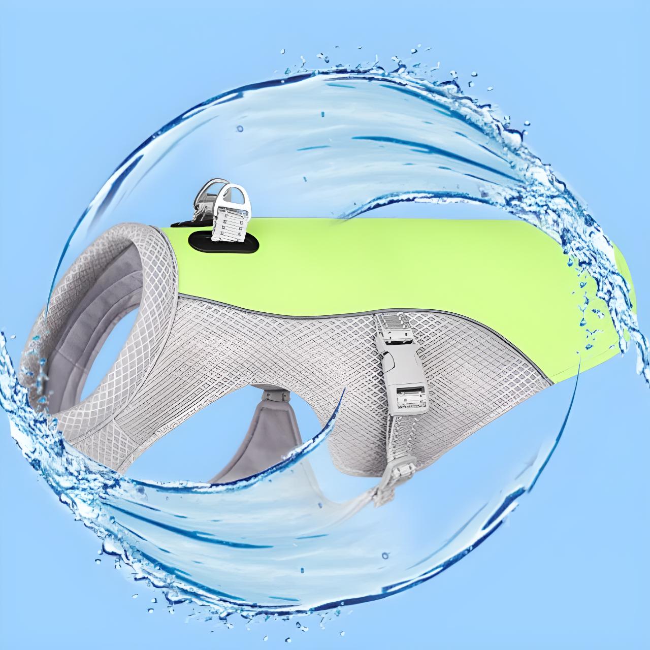 ChillDog Reflective Cooling Vest in lime green, surrounded by water splash. Features adjustable buckles and breathable mesh.
