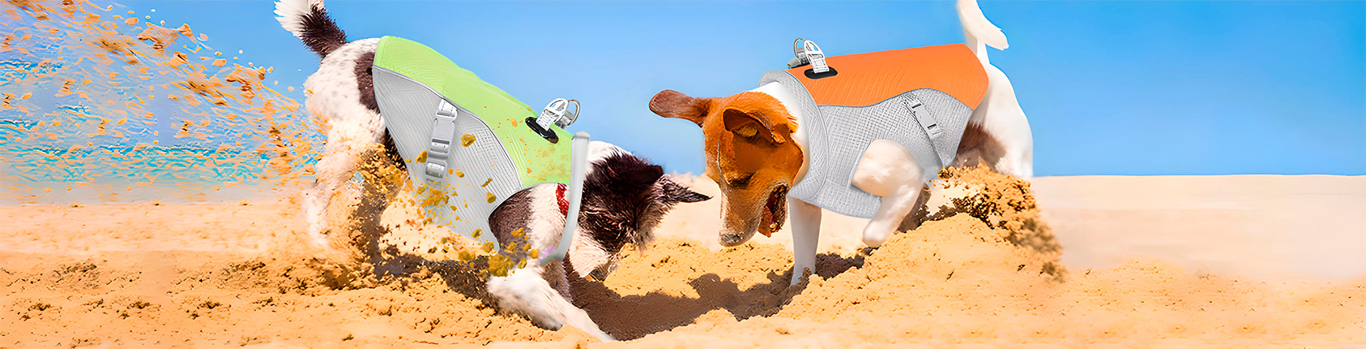 Two dogs in ChillDog Reflective Cooling Vests playfully dig in sunny beach sand with blue sky backdrop.