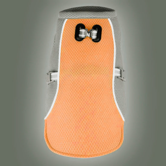 An orange ChillDog Reflective Cooling Vest, shown from the back. The vest features adjustable straps and a secure buckle for a comfortable fit.