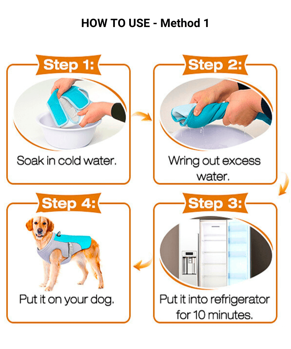 How to use the ChillDog Reflective Cooling Vest, Method 1: Soak in cold water, wring out excess, refrigerate for 10 minutes, then put it on your dog.
