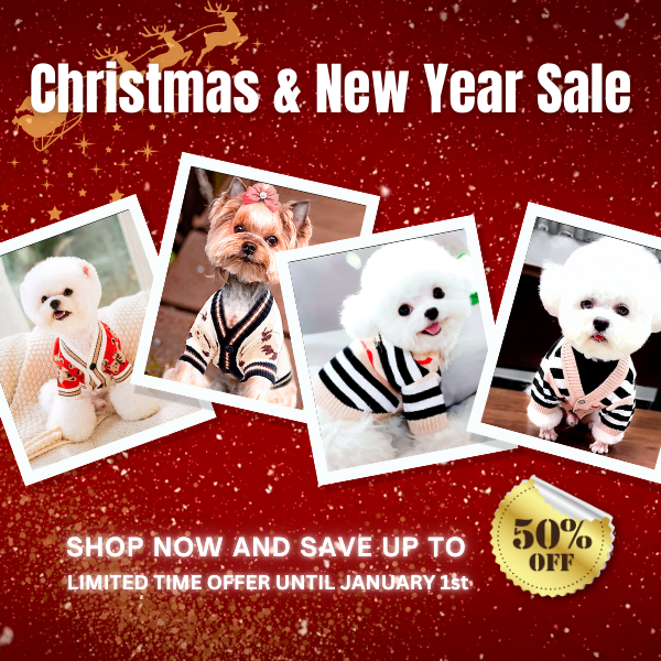 Christmas & New Year sale banner with four dogs in cardigans and bold text: 'Up to 50% OFF, Limited Time Offer" in a burgundy-themed design