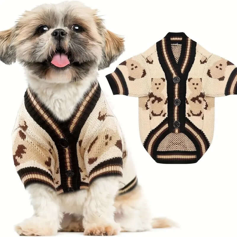 Small dog wearing a beige dog cardigan with bear patterns, shown alongside a close-up of the cardigan design