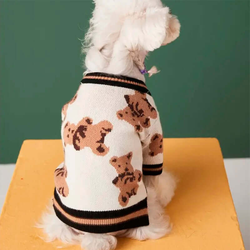 A small white dog sitting with its back facing the camera, wearing a beige cardigan with a teddy bear pattern and black trim