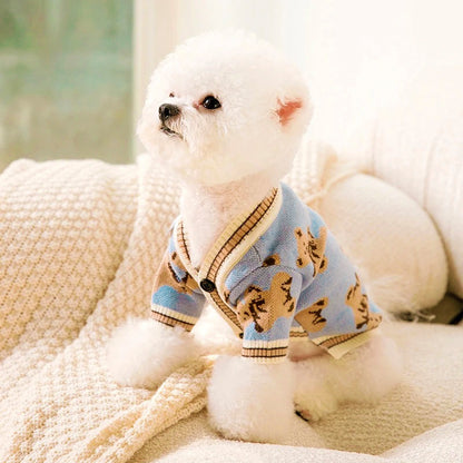 A small white dog wearing a light blue cardigan with a teddy bear pattern sits on a cozy beige blanket, looking upwards