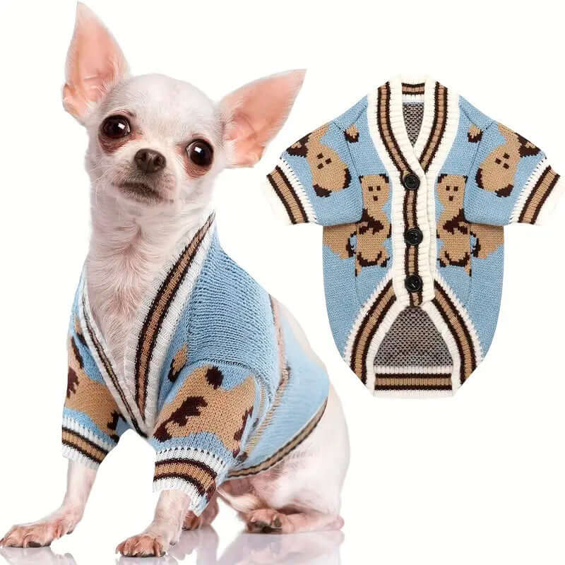 A small chihuahua wearing a light blue cardigan with a teddy bear pattern, shown alongside a close-up of the cardigan on a white background