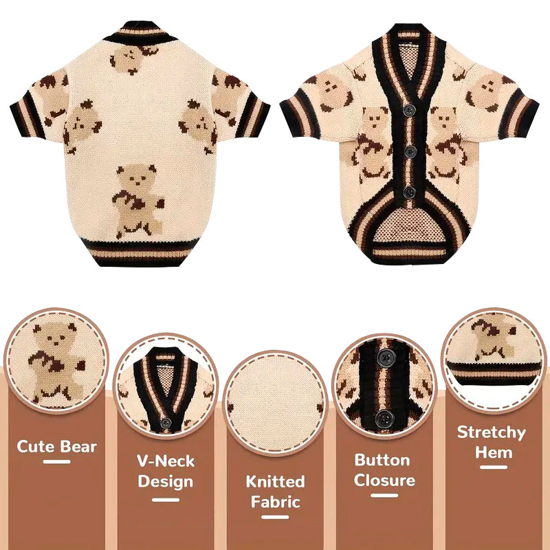 Front and back views of a beige dog cardigan with teddy bear patterns, highlighting its V-neck design, button closure, knitted fabric, and stretchy hem