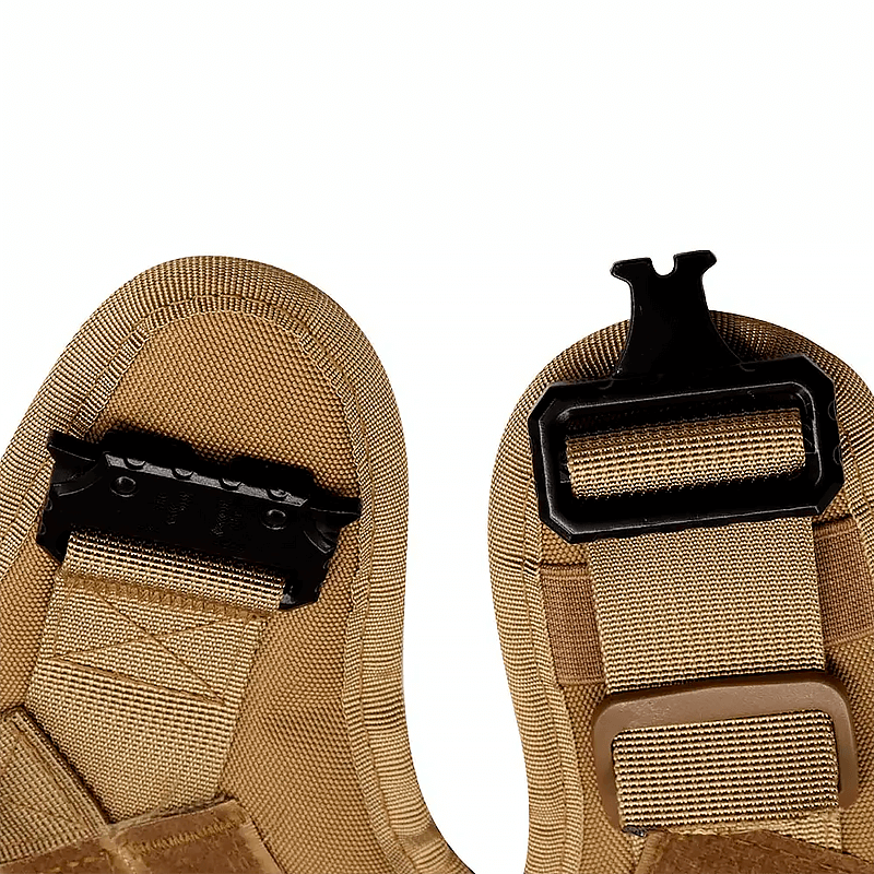 Close-up of a brown dog harness’s heavy-duty black buckles and reinforced stitching for secure fastening.
