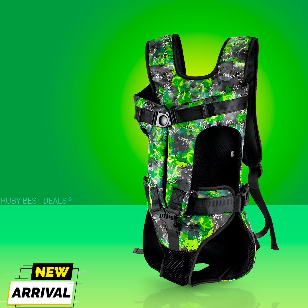 Camouflage green dog backpack carrier with mesh panels, adjustable straps, and a buckle closure