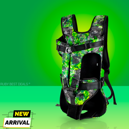 Camouflage green dog backpack carrier with mesh panels, adjustable straps, and a buckle closure