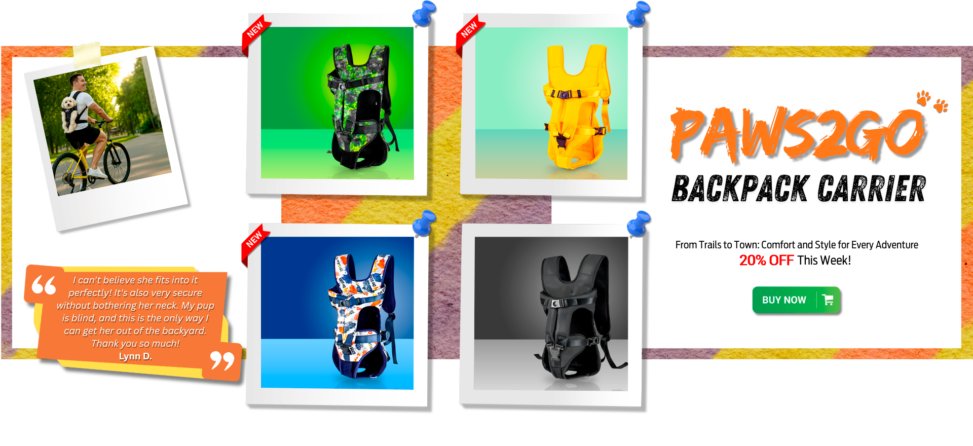 Colorful Paws2Go Backpack Carrier collection with promotional message highlighting a 15% off sale and a customer review praising its comfort and security