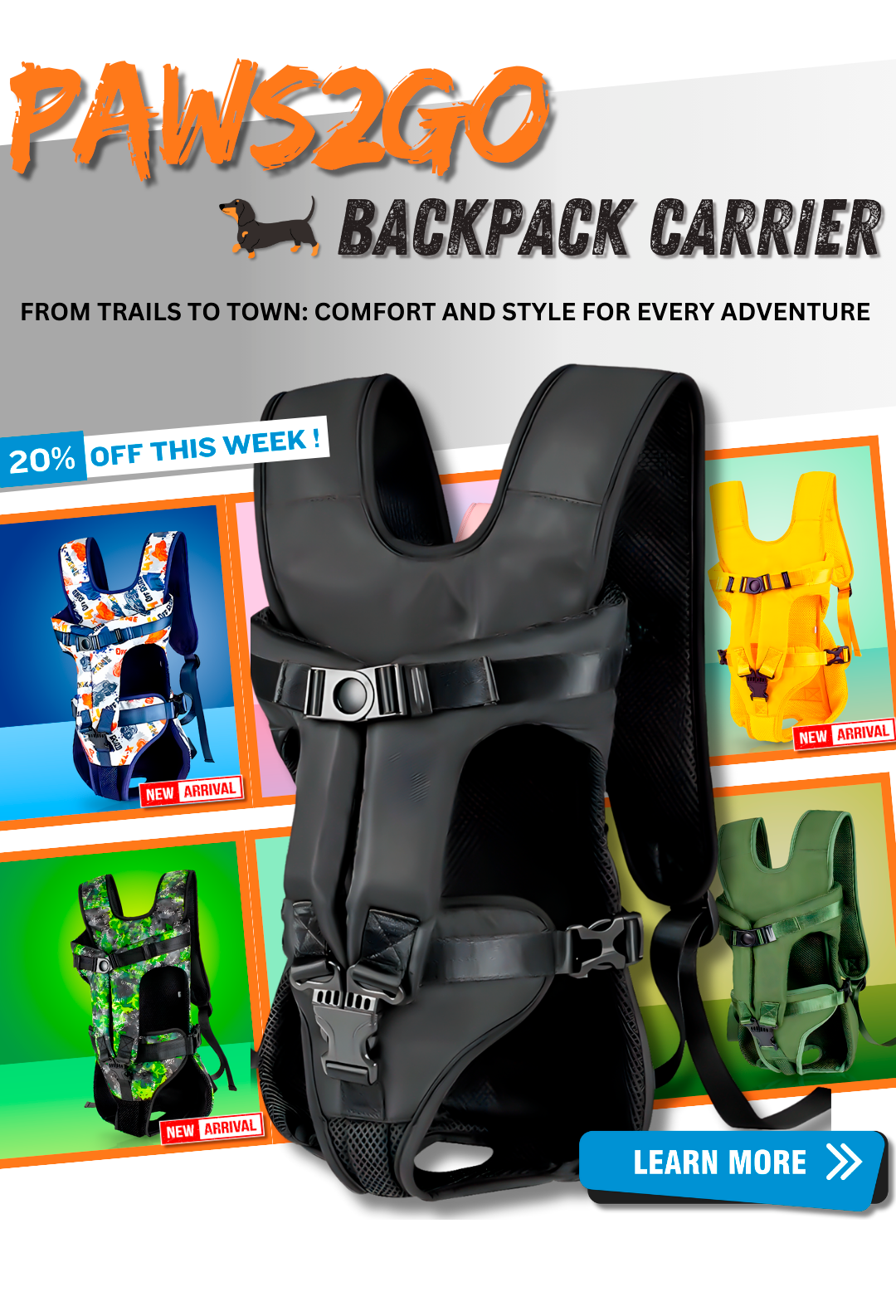Paws2Go Backpack Carrier promotional banner showcasing new arrivals in various colors, with a 15% off offer this week and a 'Learn More' button