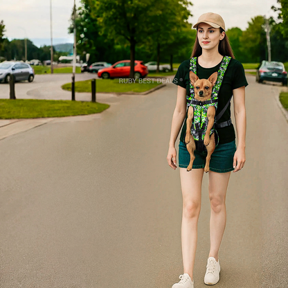 Woman walking outdoors with a small brown dog in a camouflage green backpack carrier strapped to her chest
