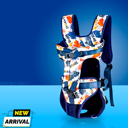 Vibrant off-road printed dog backpack carrier with mesh panels, adjustable straps, and buckle closure
