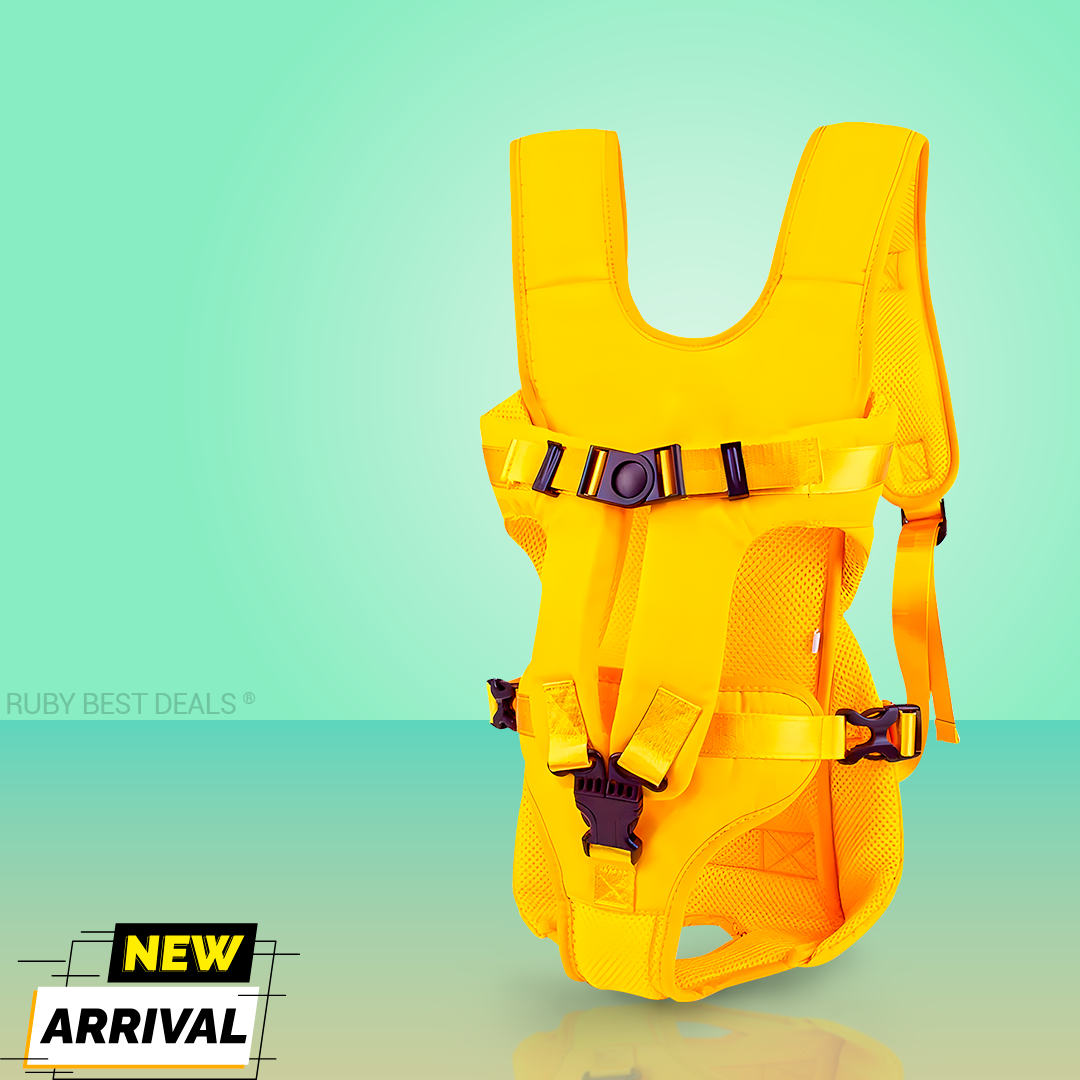Yellow dog backpack carrier with mesh panels, adjustable straps, and a buckle closure