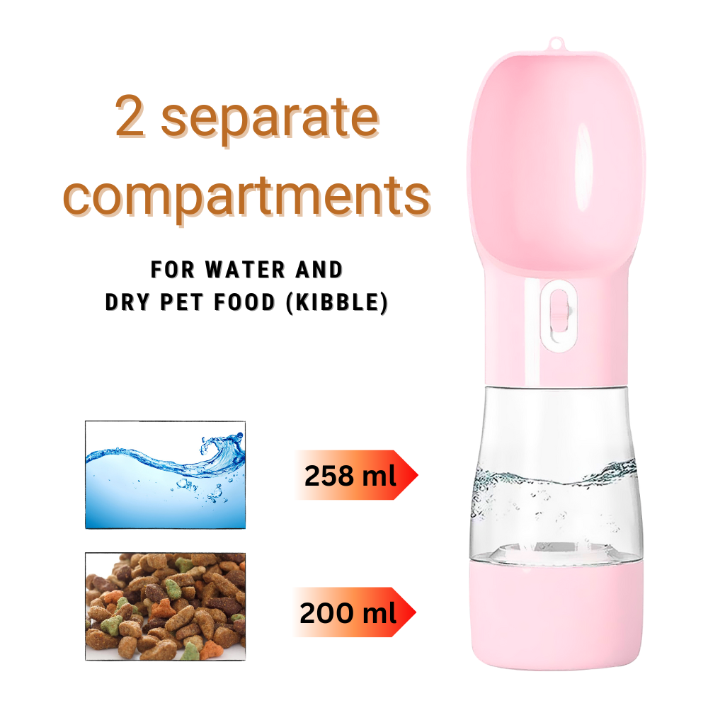 A pink PetPal Water & Snack Bottle with two separate compartments: 258 ml for water and 200 ml for dry pet food (kibble).