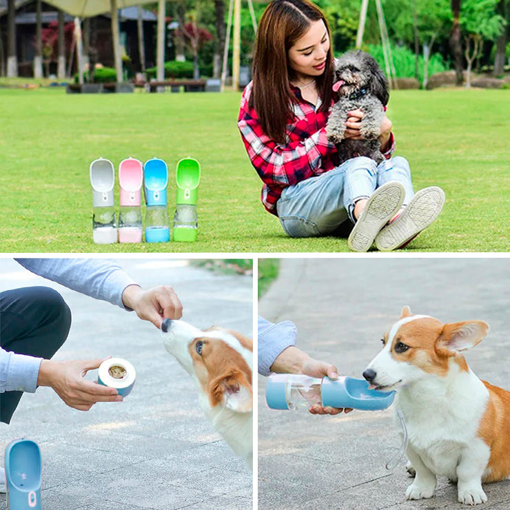 Collage showing a woman with a dog in a park using PetPal Water & Snack Bottles, highlighting different colors and feeding a dog kibble and water.