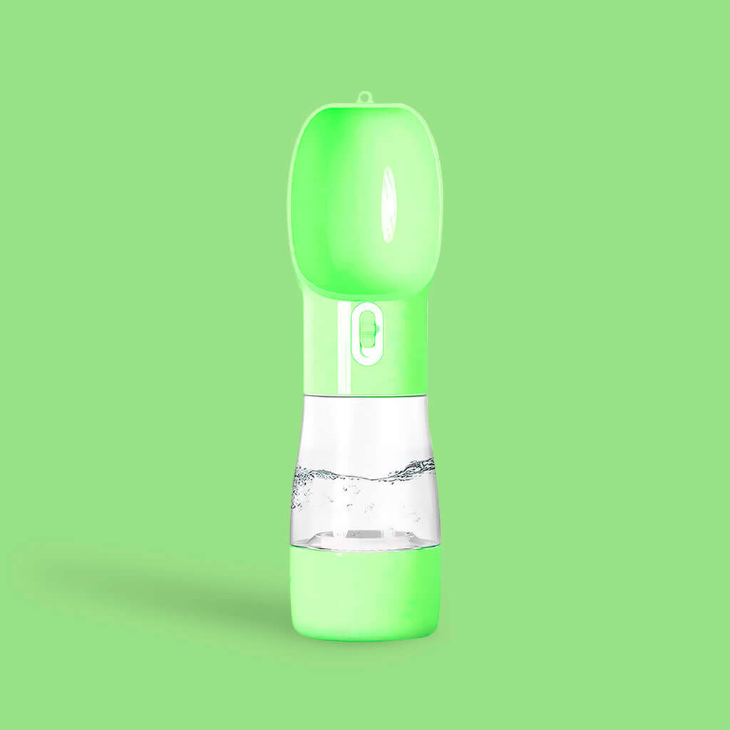 Lime green PetPal Water & Snack Bottle with flip-up spout, water dispensing button, and transparent midsection against a matching background.