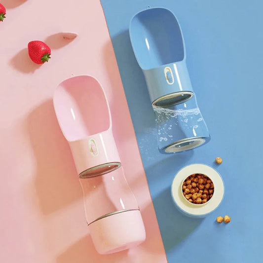 Two PetPal Water & Snack Bottles, one blue and one pink, with flip-up spouts, transparent sections, and buttons for easy water dispensing.