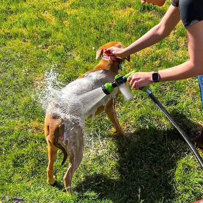 A person uses a green pet bathing sprayer to wash a dog in a grassy yard, water spraying from the nozzle