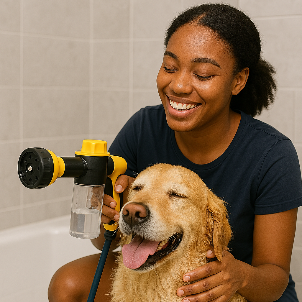 A woman smiles while using a yellow pet bathing sprayer to bathe a relaxed golden retriever in a tiled bathroom.