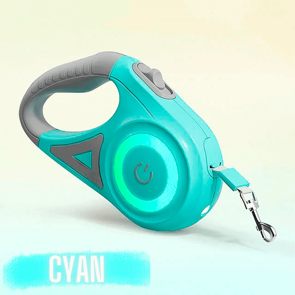 A cyan NightSafe RGB Light Retractable Leash with a gray handle and control button, featuring an illuminated power symbol.