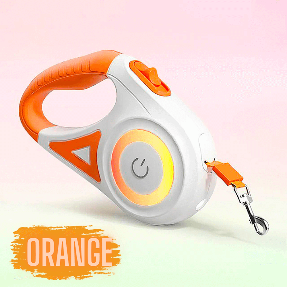 An orange NightSafe RGB Light Retractable Leash with a gray handle and control button, featuring an illuminated power symbol.