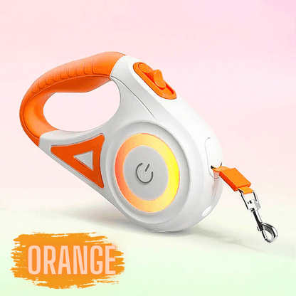 An orange NightSafe RGB Light Retractable Leash with a gray handle and control button, featuring an illuminated power symbol.