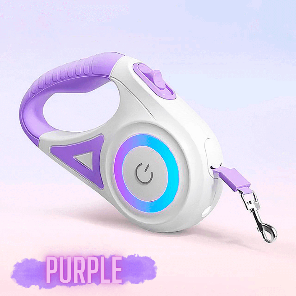 A purple NightSafe RGB Light Retractable Leash with a gray handle and control button, featuring an illuminated power symbol.