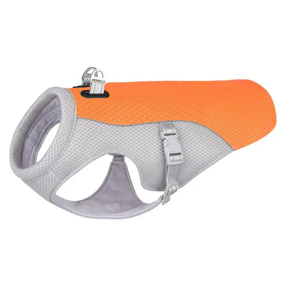 A ChillDog Reflective Cooling Vest for dogs in orange with adjustable buckles and breathable mesh design for comfort.