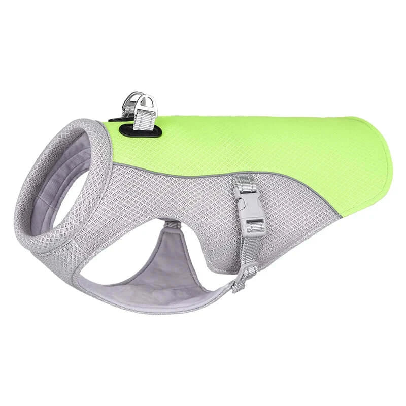 A ChillDog Reflective Cooling Vest for dogs in lime green with adjustable buckles and breathable mesh design for comfort.