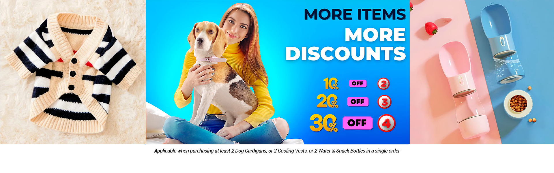 Banner showing dog cardigan, woman with beagle, and dog bottles with text offering tiered discounts on multiple items