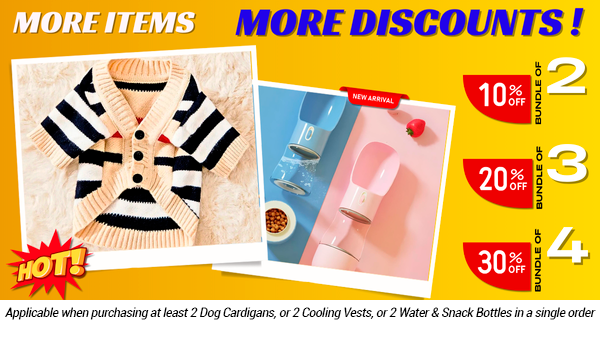 Banner showing a dog cardigan and bottles with tiered discounts for purchasing multiple items