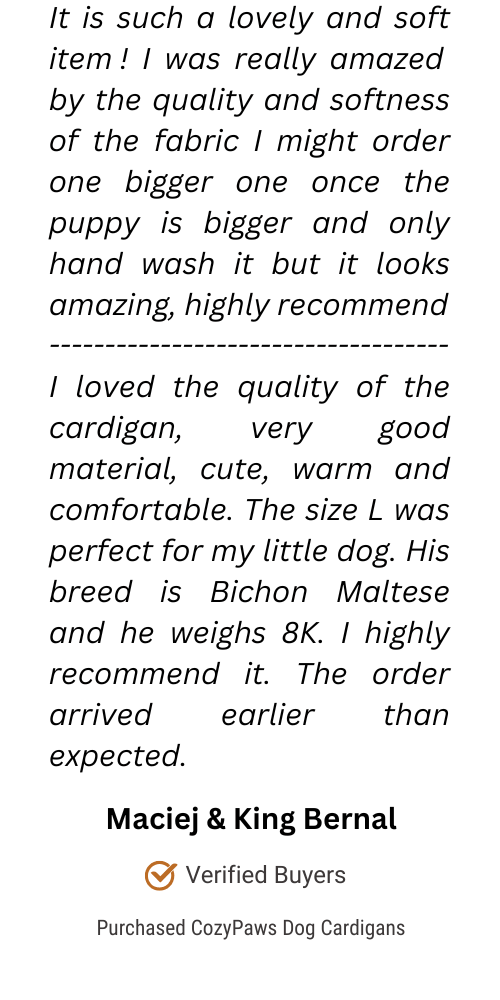 Customer review praising CozyPaws Dog Cardigans