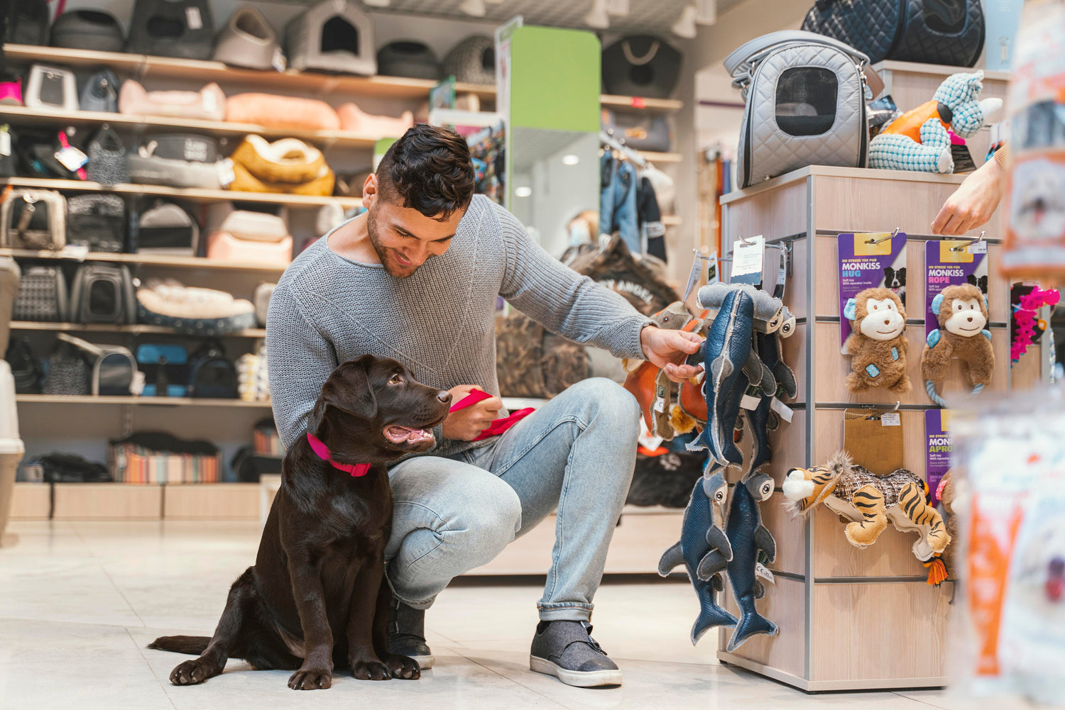 A man kneeling in a pet store with a black Labrador puppy, looking at dog toys on display. The store shelves are filled with various pet products.