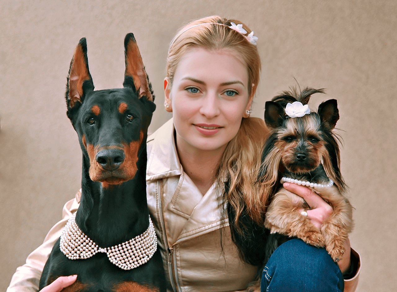 Woman poses with Doberman & small dog, both in pearl collars & accessories, matching their pearl-themed decorations.