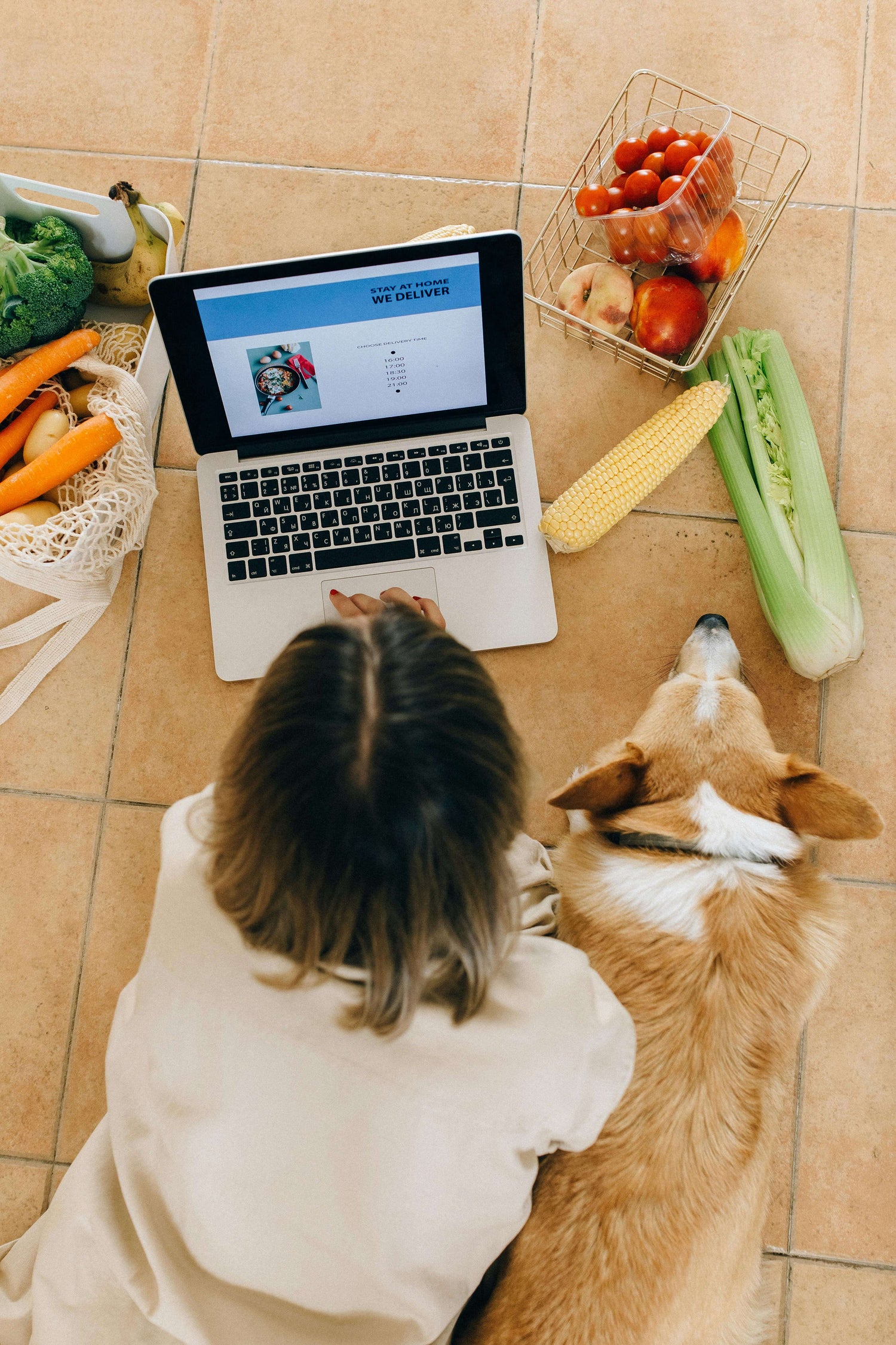 A person sits on the floor next to a dog, using a laptop with a "Stay at Home We Deliver" screen, surrounded by fresh vegetables and fruits.