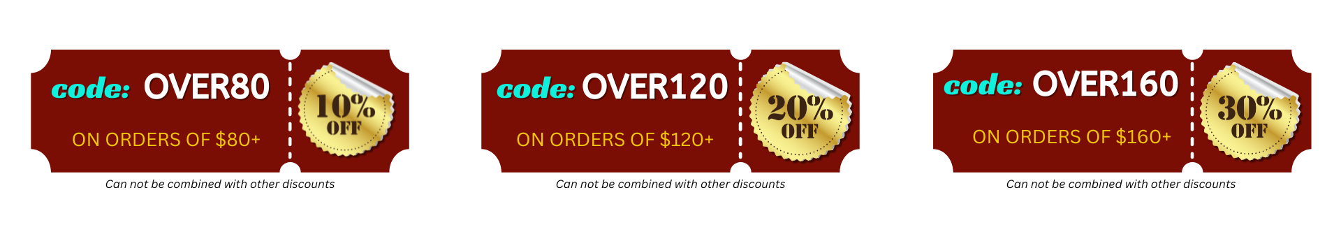 Discount codes: OVER80 for 10% off on orders of $80+, OVER120 for 20% off on orders of $120+, OVER160 for 30% off on orders of $160+.